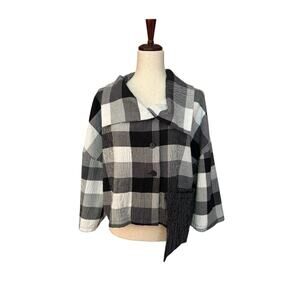 Luukaa Size 4/6 Small Black White Print Lagenlook Short Sleeve Shirt Pocket